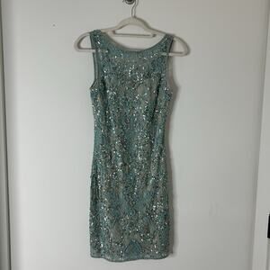 Aidan Mattox Dress Womens 2 All Over Sequin Beaded Blue Holiday Formal Event
